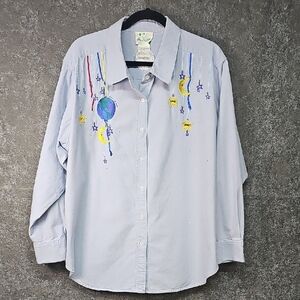 Quacker Factory Celestial Embroidered Shirt, Chambray Blue, Size 2X *Flaw, Read*